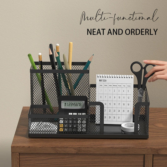 Mesh Desk Organizer – 3 Compartment Office Caddy with Pencil Holder (Black)